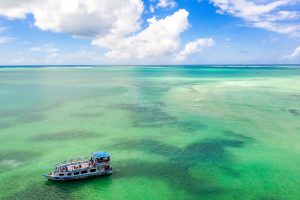 An aerial shot of the beautiful ocean with a touristic liner of the Maldives